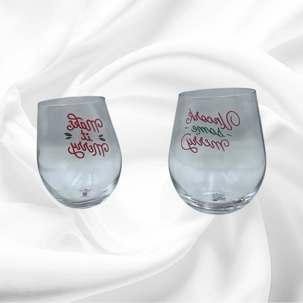 Holiday Stemless Wine Glass Set with Festive Red and Green Merry Designs NWT